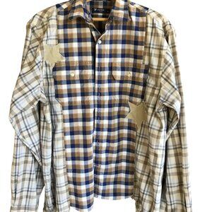 Upcycled Patchwork Plaid Shirt, Size M-L: Boho Mixed Print Top, Star Appliqué